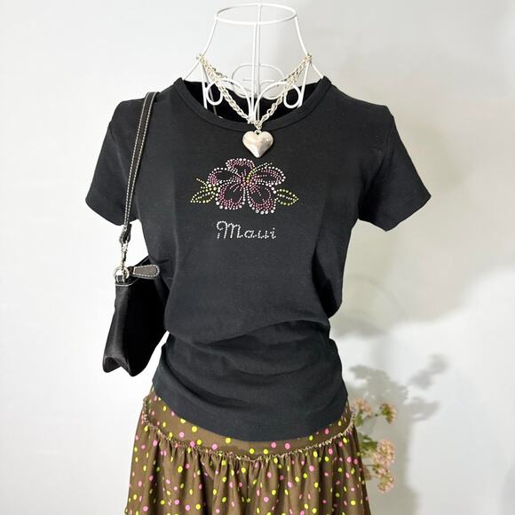 Vintage y2k ‘Maui’ bedazzled hibiscus flower rhinestone black baby tee - Picture 2 of 5